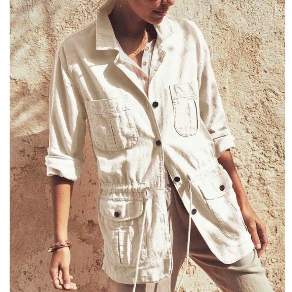 Faherty Womens Larkspur Utility Jacket White Linen Cotton Blend Cargo Safari
